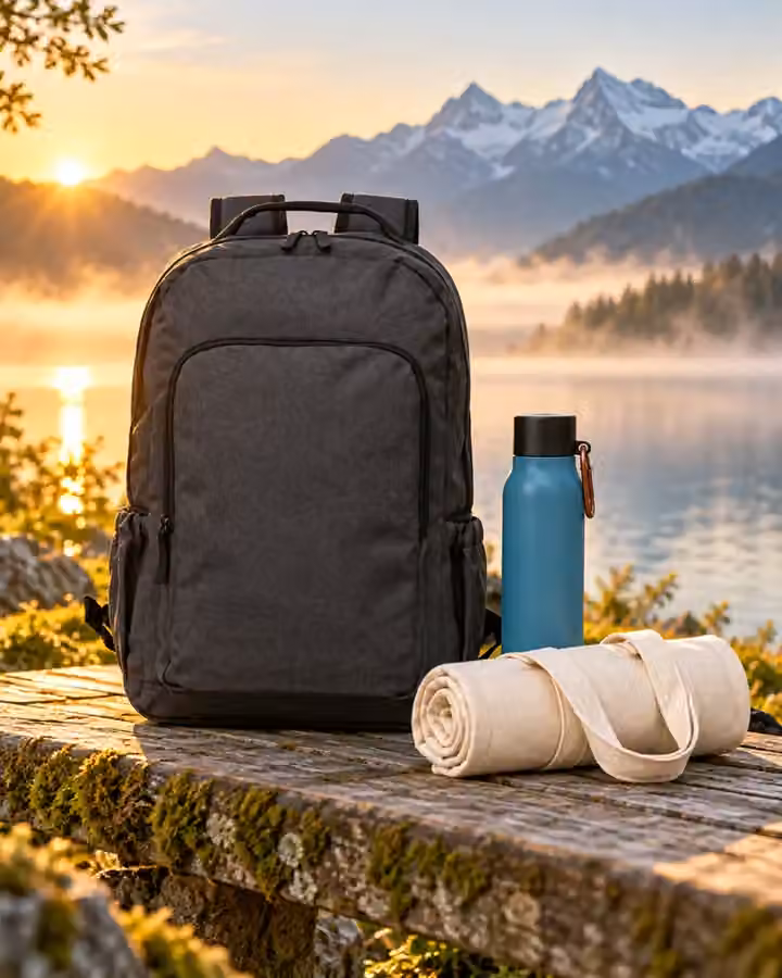 Rucksack, Trinkflasche und Stofftasche am See vor einer Bergkulisse