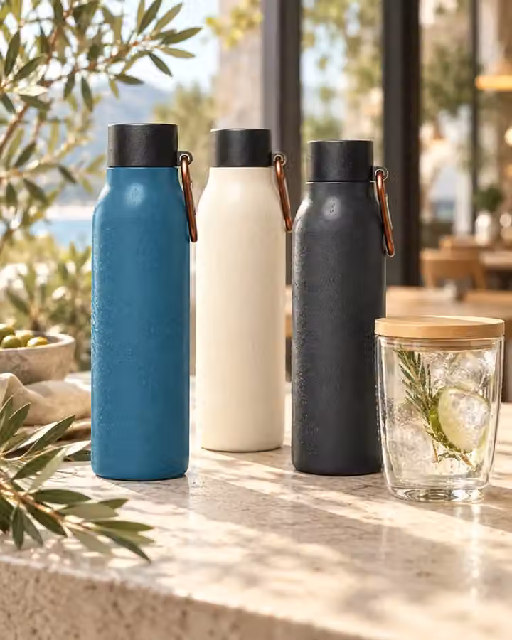 Trinkflaschen und Glasbecher im sonnigen Café