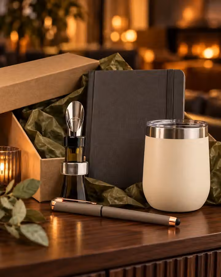 Geschenkset mit Weinaccessoire, Kugelschreiber, Notizbuch und Trinkbecher