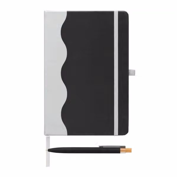 Grete Notizbuch- und Kugelschreiber-Set mit Wellenmuster aus recyceltem Material – A5 in Schwarz