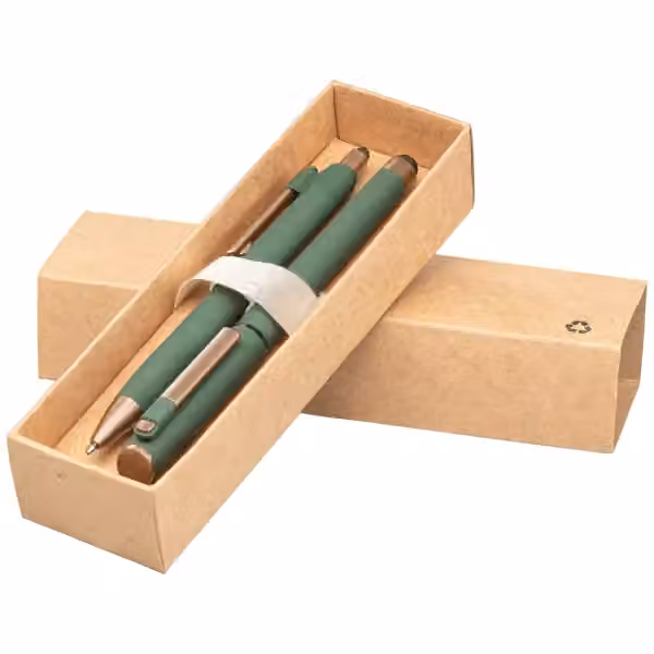 York Kugelschreiber-Geschenkset mit bronzefarbenen Akzenten aus recyceltem Kunststoff inkl. verzierter Geschenkbox in Waldgrün