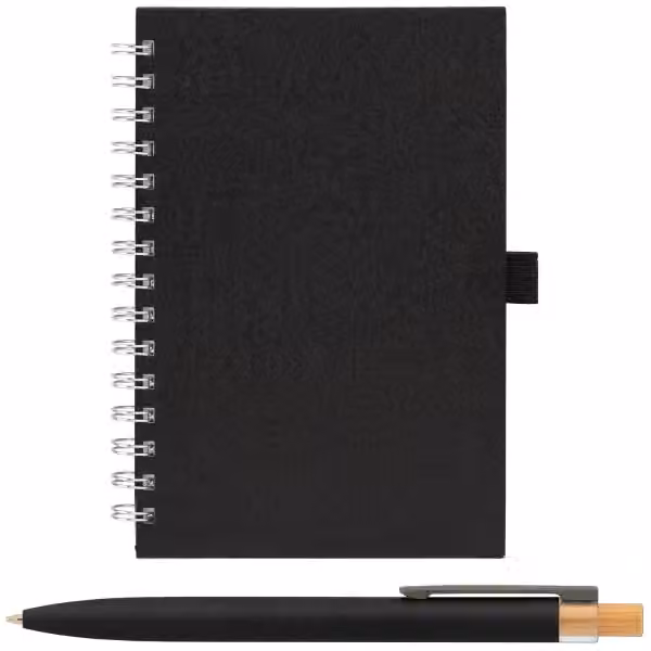 Terra Recycling-Milchkarton-Hardcover-Spiralblock A5 & Reborn-Kugelschreiber-Set in Schwarz