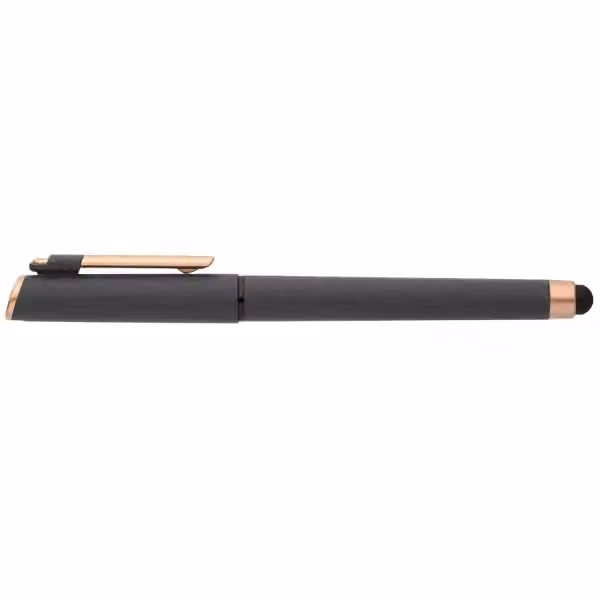 York Gelschreiber mit bronzefarbenen Akzenten und Stylus aus recyceltem Kunststoff in Schwarz