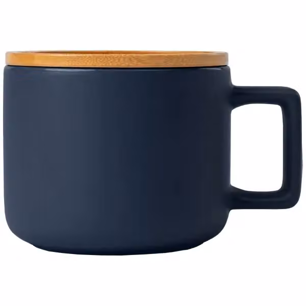 Café Virtuoso Keramiktasse mit Bambus-Deckel – 355 ml, Ceram-X in Marineblau